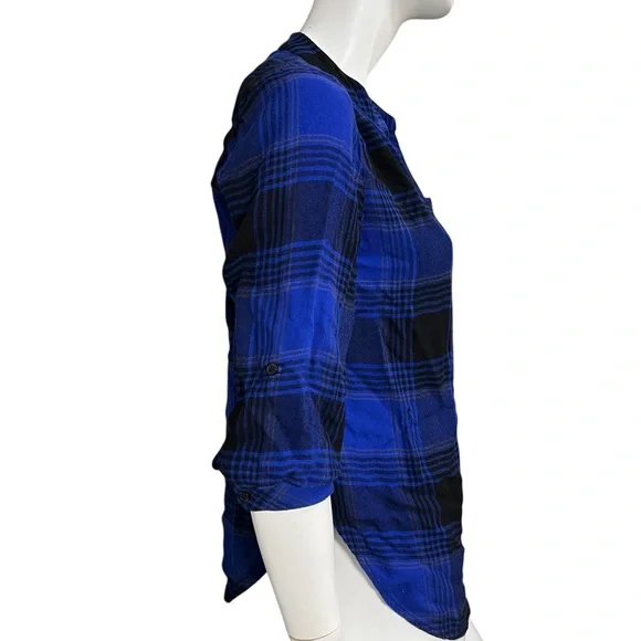 KC Khakis & Co Blue Black Plaid Button Down Shirt Rayon Roll Tab Sleeve Blouse - Picture 6 of 10